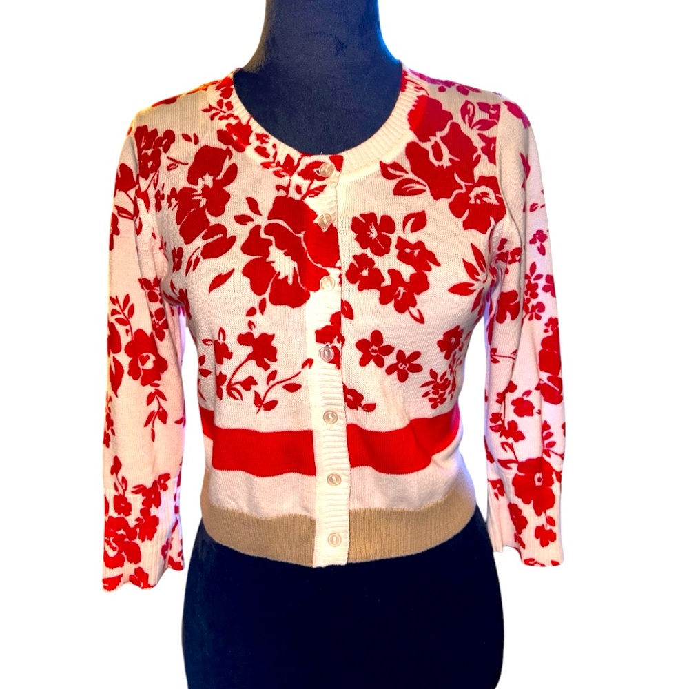 Kim Rogers button down cardigan sweater floral design red, white w/tan trim